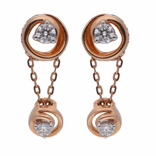 A close-up front and side view of an female earring with an intricate design on a white background showcasing a rose gold setting with two round diamond studs, one to be set on the earlobe and another dangling below secured through a bombay screw. The earring has a total carat weight of 0.37 carats of lab-grown diamonds set in 14 KT rose gold and the weight being 2.74 grams.