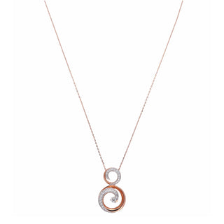 A front view of a female 14 KT female rose gold necklace of size 16 secured through a spring lock  on a cream white background, featuring two interlocking circular pendants, the larger open circle and the smaller solid circle encrusted with round brilliant lab-grown diamonds totalling 0.638 carats set in a pavé style and total weight is 7.4 grams. The interconnected circles create an elegant yet modern infinity-inspired motif suspended from a rose gold cable chain necklace