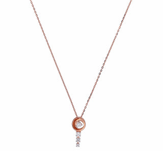 A front view of a female necklace of size 16 secured through a spring lock on a white background, featuring a delicate 14 KT rose gold chain with a dangling pendant design. The pendant consists of a round brilliant-cut lab-grown diamond stud, suspending additional smaller round brilliant diamonds below, totalling 0.29 carats. The necklace showcases an elegant and minimalist style with a total weight being 2.63 grams