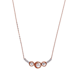 A front view of an elegant 14 KT female rose gold necklace secured through a spring lock  of size 16.8 on a white background featuring a curved bar pendant design adorned with round brilliant-cut lab-grown diamonds totalling 0.42 carats and the total weight being 3.76 grams. The diamonds are bezel-set in rose gold frames that alternate with polished rose gold circular links along the curved bar motif. The necklace has a delicate rose gold cable chain creating a graceful look.