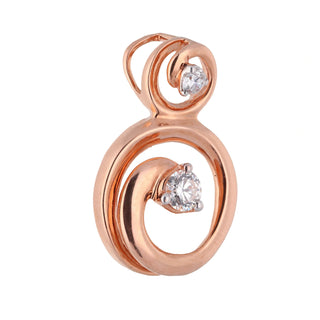 A side view of a female pendant on a white background, featuring a circular design in 14 KT rose gold. The pendant has an interlocking double circle motif, with one polished rose gold circle enveloping an inner circle set with pavé lab-grown diamonds totalling 0.26 carats and the product weight being 3.12 grams. The pendant shows off its intricate yet minimalist look.