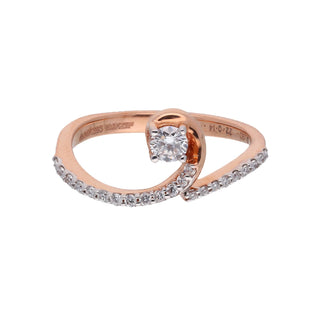 A front view of a ring of a size 12, on a white background, featuring an elegant infinity-inspired twist design in 14 KT rose gold. It showcases a graceful spiral shape encrusted with pavé-set lab-grown diamonds totalling 0.28 carats and the product weight being 2.41 grams. The twisted form creates a seamless and feminine look, while the rose gold metal provides a warm, flattering tone complemented by the brilliance of diamond accents.