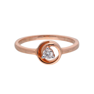 A front view of a modern 14 KT rose gold ring of a size 13 on a white background, featuring a sculpted swirl motif with a round brilliant-cut 0.12 carat lab-grown diamond cradled in the centre twist weighing 2.08 grams. The rose gold band has a slight domed shape that elegantly frames the diamond accent, creating an eye-catching yet minimalist design.