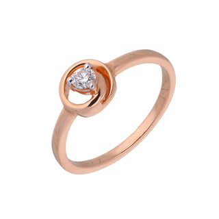 A side view of a modern 14 KT rose gold ring of a size 13 on a white background, featuring a sculpted swirl motif with a round brilliant-cut 0.12 carat lab-grown diamond cradled in the centre twist weighing 2.08 grams. The rose gold band has a slight domed shape that elegantly frames the diamond accent, creating an eye-catching yet minimalist design.