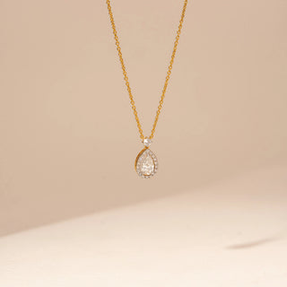 Front view of Graceful Pear Teardrop Diamond Necklace in 14KT Yellow Gold, featuring a pear-cut lab-grown diamond.