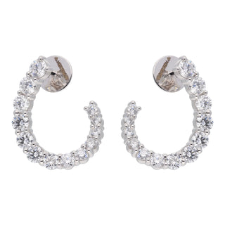 A front view of an exquisite diamond hoop female earrings secured through a bombay screw, on a white background, crafted in 14 KT white gold. Each hoop is elegantly encrusted with a continuous line of round brilliant-cut lab-grown diamonds totalling an impressive 3.76 carats with a total product weight of 5.49 grams. These glamorous diamond hoops feature a signature inside-out design that allows the diamonds to sparkle from every angle for a truly striking look.