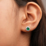 Emerald Gem Halo Diamond Stud Earrings