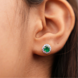 Emerald Gem Halo Diamond Stud Earrings