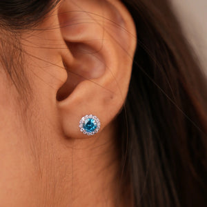 Blue Gem Halo Diamond Stud Earrings
