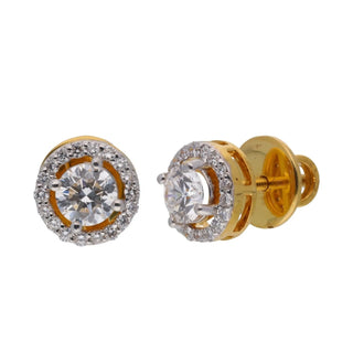 A side view of an exquisite pair of female stud earrings secured through a bombay screw crafted in 14 KT yellow gold with a total weight of 4.4403 grams, on a white background, featuring a stunning round brilliant-cut lab-grown diamond, totalling 1.116 carats with a solitaire of 0.45 carats, encircled by a brilliant halo of smaller pavé-set lab-grown diamonds. The halo design adds a radiant sparkle, enhancing the fire and brilliance of the centre diamonds.