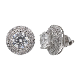 A side view of a pair of female elegant earrings secured through a bombay screw, on a white background, crafted in 18 KT white gold and has a total weight of 5 grams. The earrings feature an oval-shaped lab-grown diamond drop, totalling 3.849 carats, suspended from a diamond-encrusted hoop with a pavé setting. The design combines the brilliance of the diamond drops with the sparkling diamond-lined hoops, creating a luxurious and timeless look.