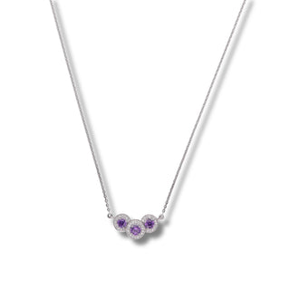 Front view of a Lab Grown Diamond female Necklace secured with a fish lock, on a white background, crafted in 14 KT White Gold of size 16.5, featuring 0.28 carats of diamonds and a total weight being 5.35 grams. The necklace presents a delicate chain adorned with three round-cut purple gemstones, presumably amethysts, arranged in a descending triangle pattern.