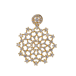 Front view of a 1.71 carat Lab Grown Diamond female necklace crafted in 14 KT Yellow Gold with a total product weight of 4.157 grams of size 16 secured with a spring lock . The pendant features a circular design with a delicate and intricate meshwork of diamonds, resembling a flower in bloom. The diamonds appear to be round-cut and are set closely together, creating a dazzling and shimmering effect on a white background.