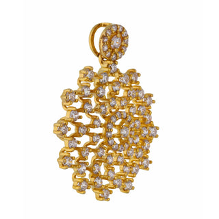 Front view of a 1.71 carat Lab Grown Diamond female necklace crafted in 14 KT Yellow Gold with a total product weight of 4.157 grams of size 16 secured with a spring lock . The pendant features a circular design with a delicate and intricate meshwork of diamonds, resembling a flower in bloom. The diamonds appear to be round-cut and are set closely together, creating a dazzling and shimmering effect on a white background.