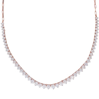 Front view of This exquisite lab-grown diamond female necklace with size 19.5, crafted in 14 KT rose gold and features a total diamond weight of 13.54 Carats with a solitaire of 0.54 carats and the weight of the product is 19.47 grams with a spring lock to keep the necklace secured. Each diamond is meticulously set to create a breathtaking display of brilliance. The necklace is showcased on a pristine white background, highlighting its elegance and sophistication.