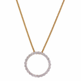 Close view of a stunning 14 KT yellow gold circular accent 0.58 carat Lab Grown diamond female necklace of size 16 secured with a spring lock weighing 3.41 grams against a clean white backdrop. The necklace features a delicate chain adorned with a circle of sparkling diamonds, exuding elegance and sophistication.