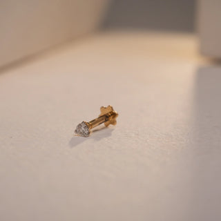 Close-up image of the Lustre Single-stone Nosepin by Réia, crafted in 18 KT yellow gold and resting on a softly lit, textured surface. The minimalist design features a single round lab-grown diamond set in a sleek gold frame, with a South screw-back for secure wear. The diamond weighs 0.04 carats and is of EF color and VVS clarity, reflecting understated elegance and everyday brilliance.
