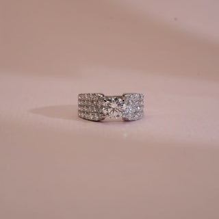 Close-up view of 14KT White Gold Classic Pavé Diamond Cluster Ring featuring a round centre diamond with three rows of pavé-set EF VVS diamonds, crafted for bold brilliance and luxury elegance.