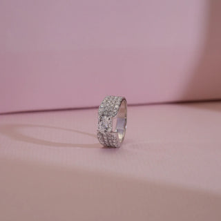 Side view of 14KT White Gold Classic Pavé Diamond Cluster Ring with centre round solitaire and triple pavé rows of EF VVS diamonds, exuding bold sparkle and timeless luxury.