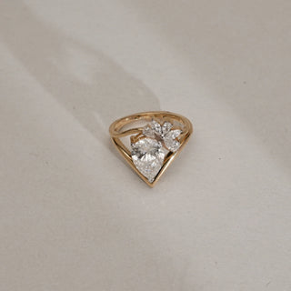 Top view of the Blooming Teardrop Diamond Ring in 14KT Yellow Gold, showcasing a 2.1 carat pear-shaped diamond with marquise floral EF VVS accents, totalling 2.438 carats.