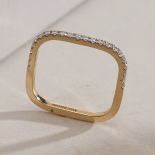 Angle view of Modern Geometric Diamond Ring in 14KT Yellow Gold, showcasing square edges with EF VVS round diamonds totalling 0.197 carats, merging bold geometry with elegance.