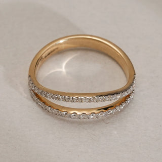 Top view of Eternal Arc Diamond Ring in 14KT Yellow Gold, showcasing dual pavé diamond arcs with EF VVS diamonds totalling 0.376 carats, crafted for balance and timeless elegance.