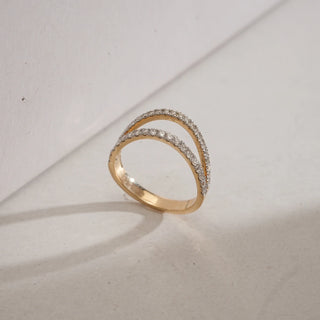 Angle view of Eternal Arc Diamond Ring in 14KT Yellow Gold, featuring dual pavé diamond-set arcs with EF VVS stones totalling 0.376 carats, symbolising balance and modern elegance.