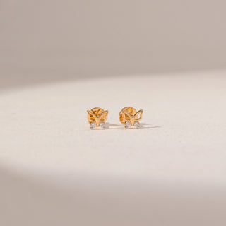Front view of Butterfly Diamond Earrings in 18KT Yellow Gold, featuring round lab-grown diamonds with delicate butterfly designs.