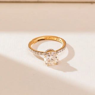 Top view of 14KT yellow gold ring featuring a round brilliant-cut centre diamond in a prong setting with a slender pavé-set band of shimmering round diamonds.