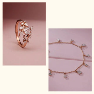 Gold Weight and Purity of the set: Bracelet 18 KT Rose Gold, 3.633 g. Ring 14 KT Rose Gold, 2.165 g.

Diamond Weight and Clarity: Bracelet 0.37 ct EF VVS diamonds in star/teardrop charms. Ring 0.58 ct EF VVS marquise diamonds in a crown/leaf-cluster design.

Background of the jewelry: Rose gold marquise cluster ring and celestial charm bracelet displayed on a soft pink background.