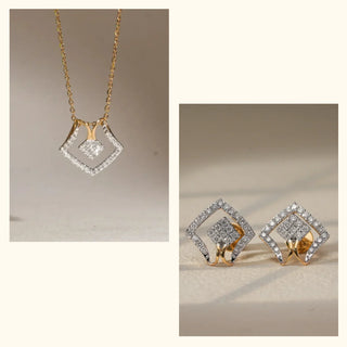 Set of 2|Chevron Dual Lab Grown Diamond Jewelry Set | Pendant Necklace & Earrings