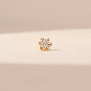 Front view of Floral Cluster Diamond Nosepin in 14KT Yellow Gold, featuring round lab-grown diamonds in a petal-inspired setting.