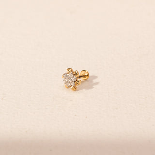 Angled view of Floral Cluster Diamond Nosepin in 14KT Yellow Gold, featuring round lab-grown diamonds in a petal-inspired setting.
