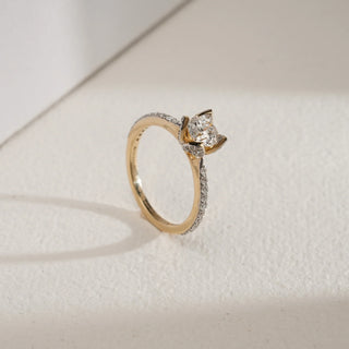Floral Crown Solitaire Diamond Ring in 14KT Yellow Gold with pavé band, round solitaire in floral crown setting, 1.04 cts.