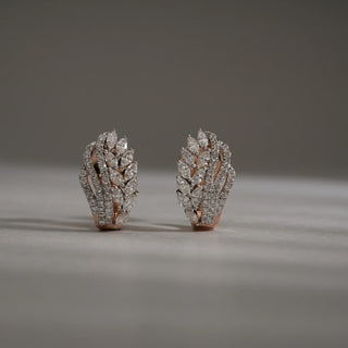 Front view of Statement Vine Cluster diamond earrings in 14KT Rose Gold, featuring layered marquise and round EF-VVS lab-grown diamonds arranged in a bold vine-inspired design.