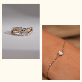 Round-cut lab-grown diamond solitaire ring paired with a bezel-set bracelet, shown as a clean product view and a wrist-worn close-up, highlighting pavé accents and polished gold details.