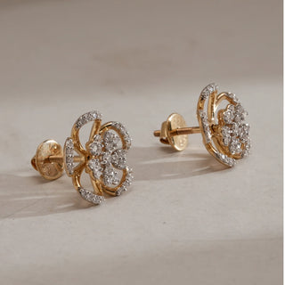 Rose Bloom Open Diamond Stud Earrings in 14KT Rose Gold, featuring petal-inspired floral design with EF-VVS pavé-set lab-grown diamonds and secure Bombay screw backs.