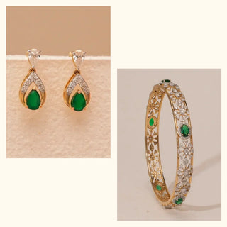 Set of 2|Emerald Art Deco Lab Grown Diamond Jewelry Set | Bangle & Drop Earrings