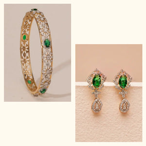 Set of 2|Emerald & Vintage Charm Lab Grown Diamond Jewellery Set | Bangle & Earrings