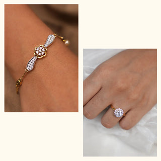 Styled on a soft neutral surface, this Réia lab grown diamond jewellery set pairs a floral-accent bracelet with a round halo diamond ring, highlighted in gentle, natural light.