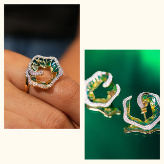 Set of 2|Floral Enamel Lab Grown Diamond Jewelry Set | Hoop Earrings & Coral Ring