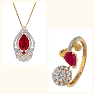 Gold Weight and Purity of the set: 14 KT Yellow Gold. Ring 2.29 g. Pendant 7.11 g.

Diamond Weight and Clarity: Ring 0.315 ct EF VVS diamonds with ruby accent. Pendant has EF VVS diamonds framing a large central ruby teardrop.

Background of the jewelry: Yellow gold ruby and diamond teardrop pendant and a coordinating floral/leaf-inspired ring with a ruby accent, displayed against a light background.