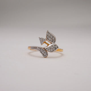 Close-up front view of Golden Leaf Cluster Diamond Ring in 14KT Yellow Gold, showcasing leaf-inspired design with EF VVS round diamonds for natural elegance and sparkle.