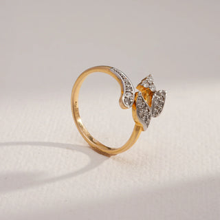 Close-up side view of Golden Leaf Cluster Diamond Ring in 14KT Yellow Gold, featuring delicate leaf motifs set with EF VVS round diamonds for a nature-inspired, elegant sparkle.