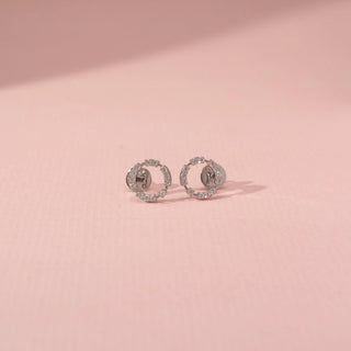 Front view of Circular Diamond Earrings in 14KT White Gold, featuring round lab-grown diamonds in a delicate halo design.