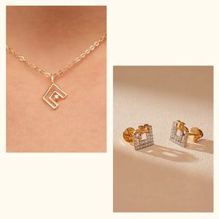 Geometric pendant necklace with a single diamond accent paired with square-shaped stud earrings featuring diamond detailing, shown in worn and product views under soft, neutral lighting.