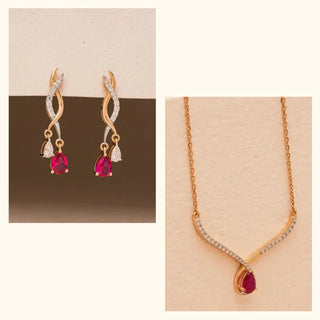 Set of 2|Graceful V-Curve Ruby Lab Grown Diamond Jewelry Set | Pendant & Earrings