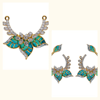 Set of 2|Green Enamel Lab Grown Diamond Jewelry Set | Pendant & Hoop Earrings