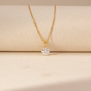 Front view of Round Solitaire Diamond Pendant in 14KT Yellow Gold, featuring a round lab-grown diamond on a fine gold chain.