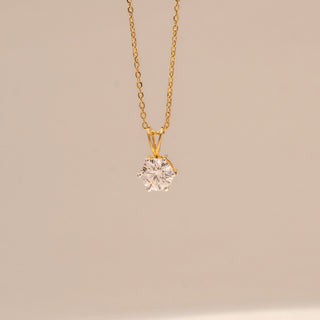 Close-up view of Round Solitaire Diamond Pendant in 14KT Yellow Gold, featuring a round lab-grown diamond on a fine gold chain.